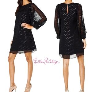 Lilly Pulitzer Silk Maisel Dress Silver Metallic Sparkle Dotted Blouson Sleeve